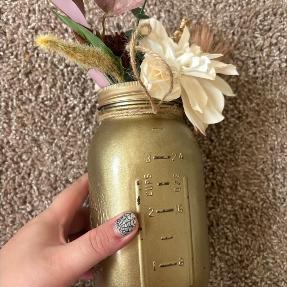 Gold Mason Jar Vase with Faux Flowers